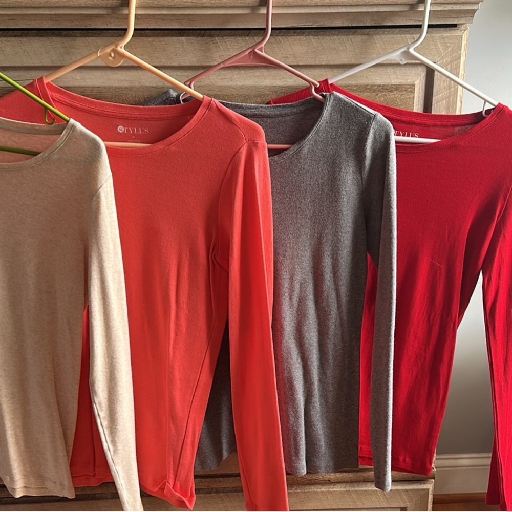 Stylish Long Sleeve Tops in Red, Gray, and Tan